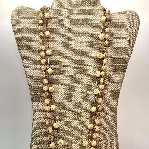 Vintage Bone Rose Boho Necklace Set (2) โ Hand-Carved Cabbage Roses, Silk Strand - Picture 11 of 11